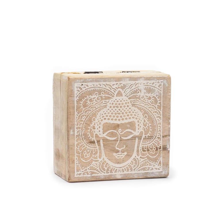 Whitewashed Buddha Face Small Square Decorative Storage Box 10x10x4.2cm - Home Decor