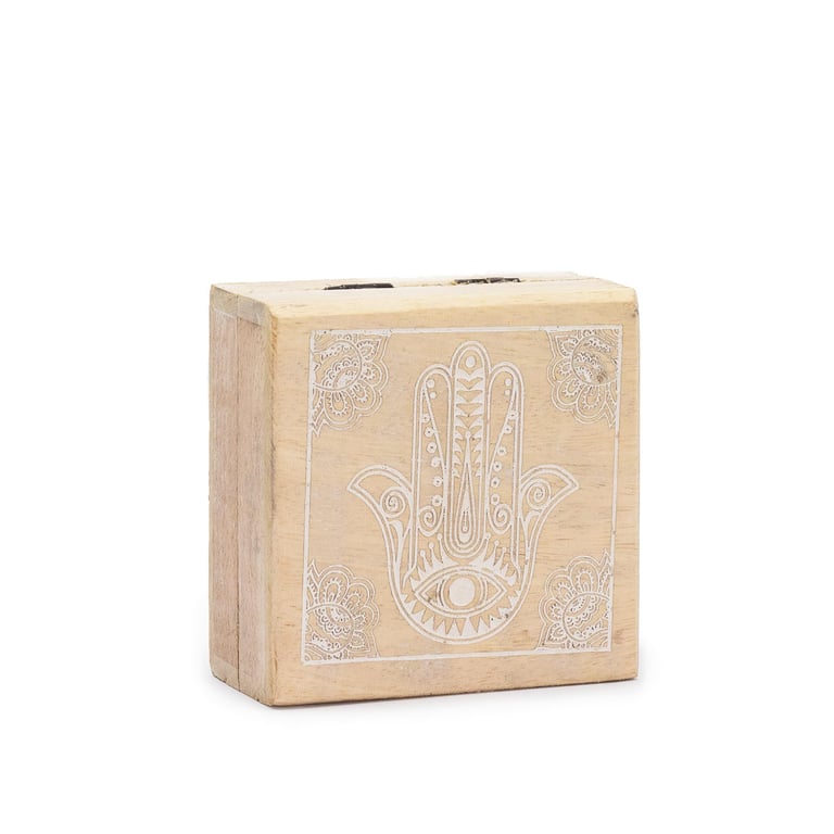 Hamsa Whitewash Small Square Storage Box 10x10cm - Decorative Home Decor Box for Jewelry and Keepsakes