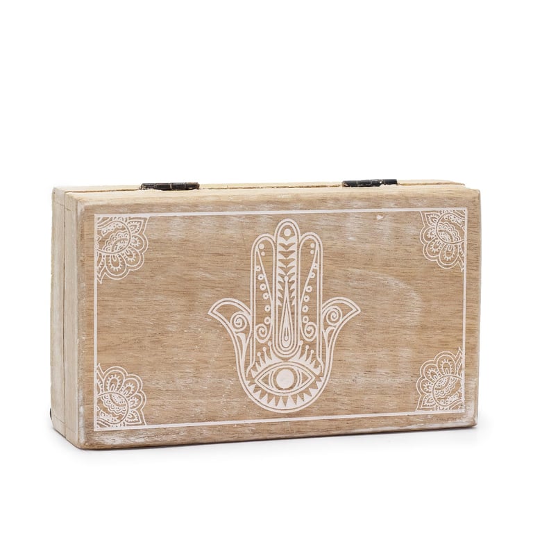Hamsa Whitewash Med Square Box - Elegant Home Decor Storage and Display Case