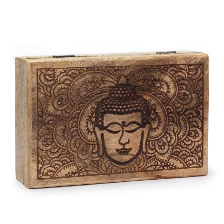 Big Rectangle Box - Buddha Face Black Engraved Wooden Gift Case 21.5x14x6.3cm