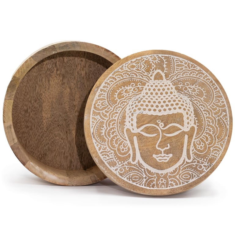 Big Round Box 17.5x7.5cm - Decorative Buddha Face Whitewash Gift Container