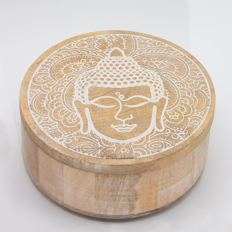 Big Round Box 17.5x7.5cm - Decorative Buddha Face Whitewash Gift Container