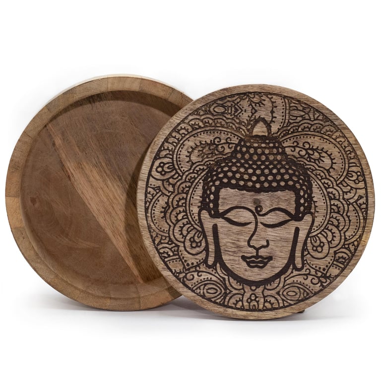 Big Round Black Engraved Buddha Face Box - 17.5x7.5cm Wooden Keepsake Container