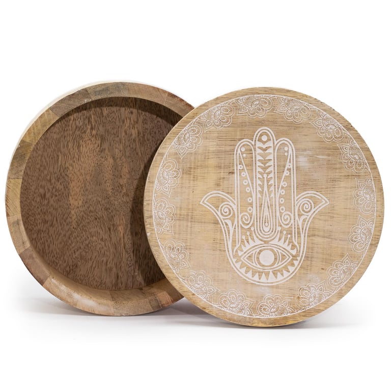 Big Round Box 17.5x7.5cm - Hamsa Whitewash Decorative Storage Gift Box