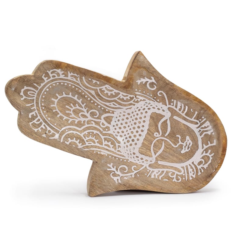 Hamsa Shape Long Tray - Whitewashed Buddha Finish, 30x20.5x2.5cm Handcrafted Serving Dish