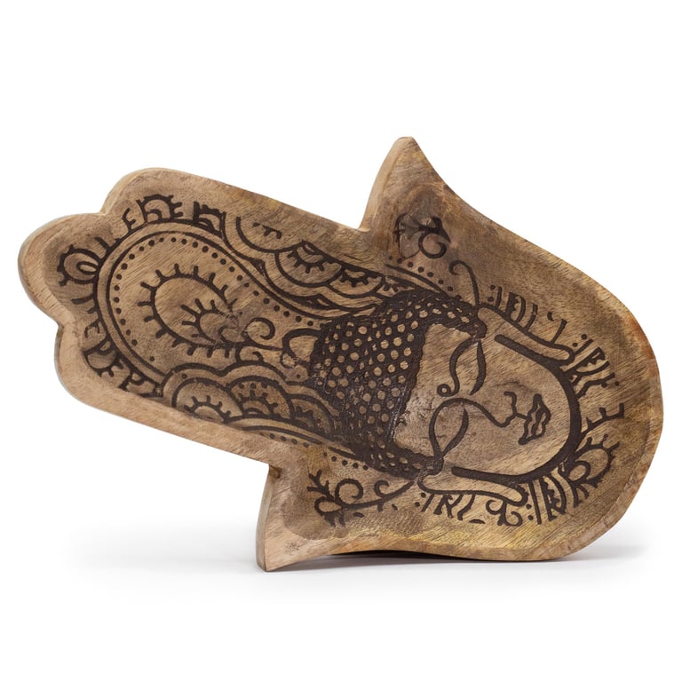 Hamsa Shape Tray - 30x20.5cm Long Tray with Buddha Black Engraved Design