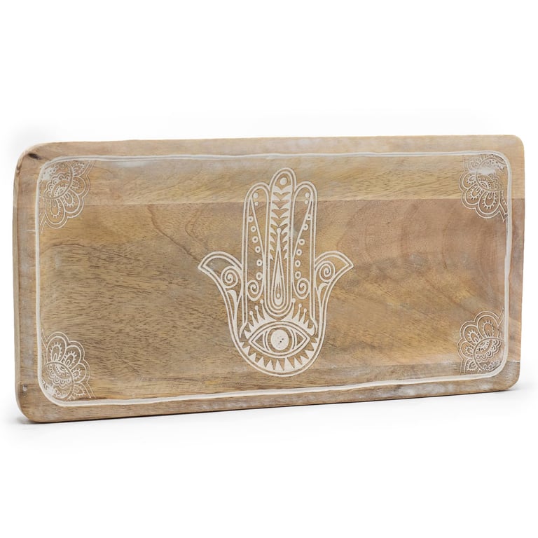 Hamsa Design Whitewash Long Tray - 30x15x2.5cm Home Decor Storage