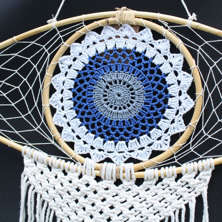 Large Macrame Dream Catcher (White/Blue/Grey) - Evil Eye Protection - Macrame Artistry