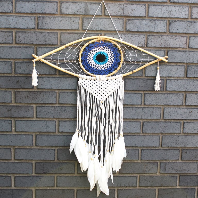 Macrame Dream Catcher (Large) - Blue/White/Black with Evil Eye Protection