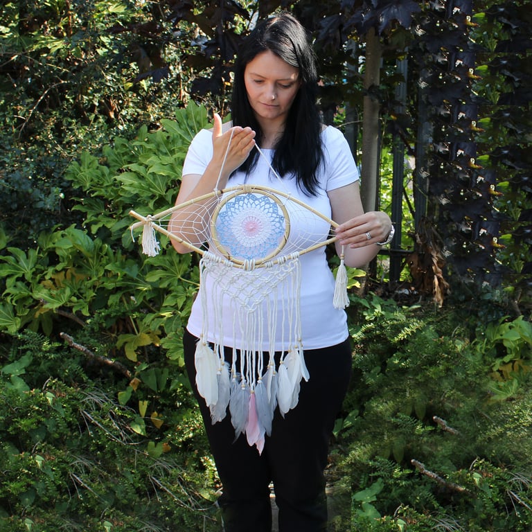 Macrame Dream Catcher - Evil Eye Protection (White/Blue/Grey) - Protection Dream Catcher Brand