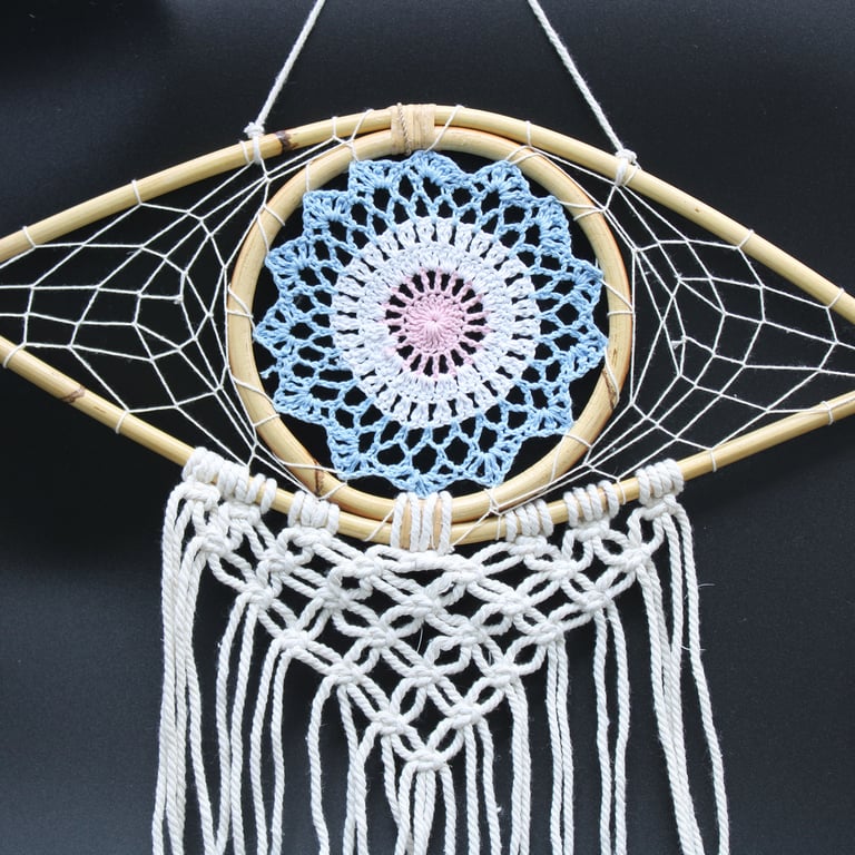 Macrame Dream Catcher (Blue/White/Pink) - Protection Evil Eye - Medium Size
