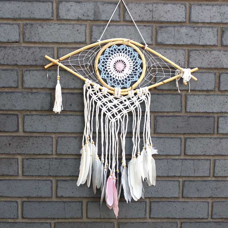 Macrame Dream Catcher (Blue/White/Pink) - Protection Evil Eye - Medium Size
