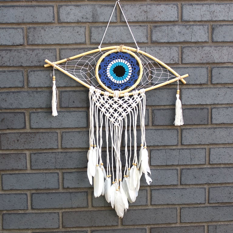 Macrame Dream Catcher (Protection) - Evil Eye (Blue/White/Black) - Medium Size
