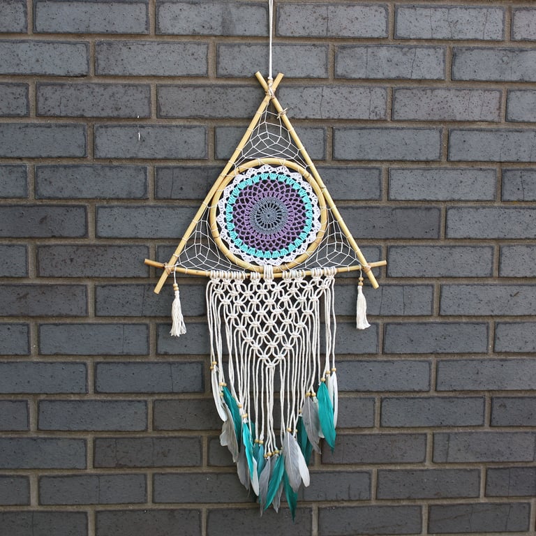 Macrame Pyramid Dream Catcher (Lrg) - White/Turquoise Protection Charm