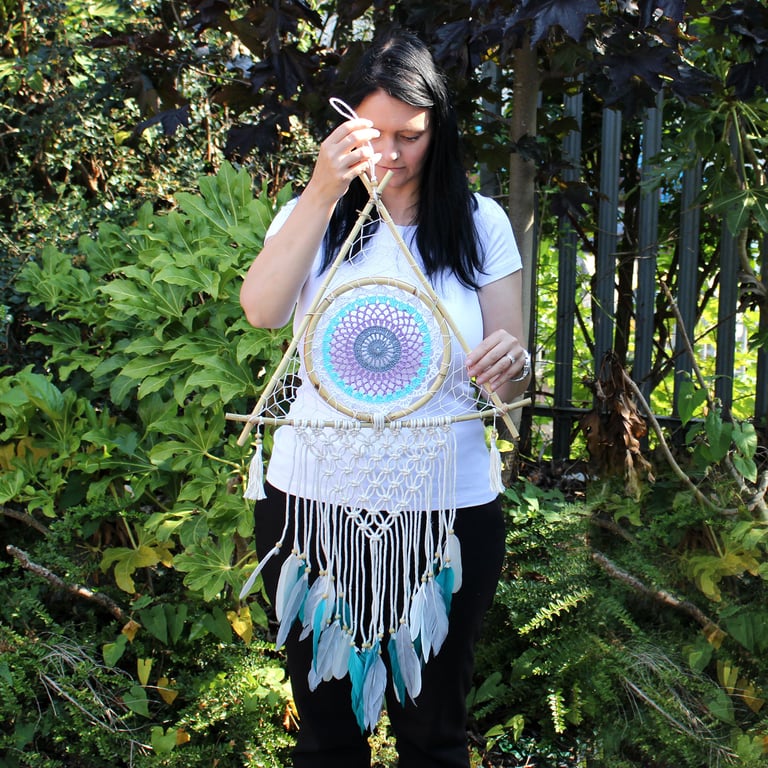 Macrame Pyramid Dream Catcher (Lrg) - White/Turquoise Protection Charm