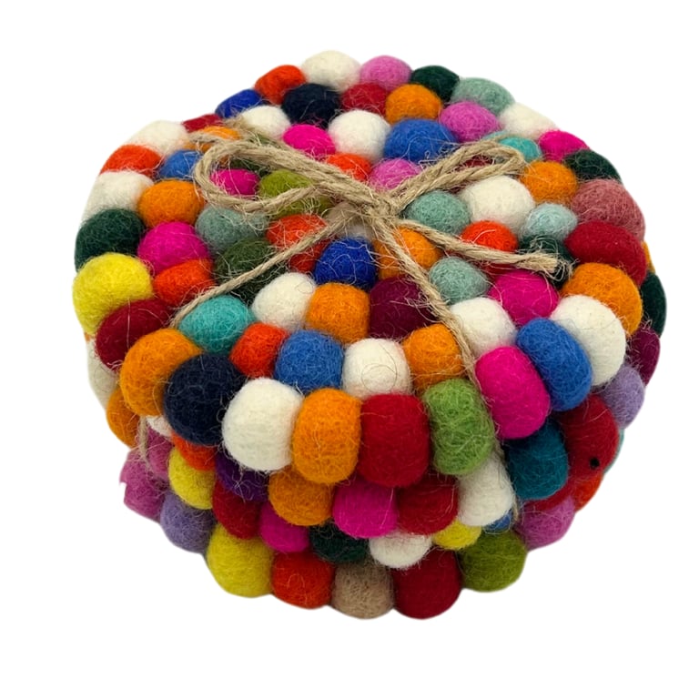Felt Ball Round Coasters - Multi Color Set of 4 Protective Drink Coasters