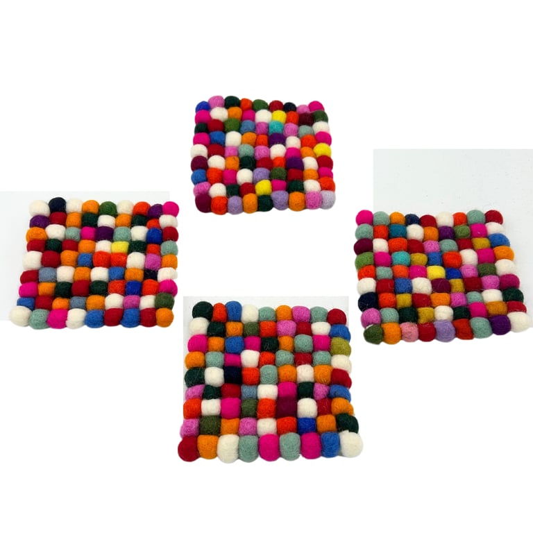 Multi Grey Felt Ball Square Coasters Set of 4 - Home Decor Protection