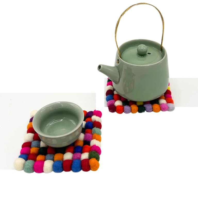 Multi Grey Felt Ball Square Coasters Set of 4 - Home Decor Protection