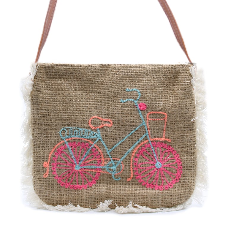 Handmade Fab Fringe Bag with Unique Bicycle Embroidery Design