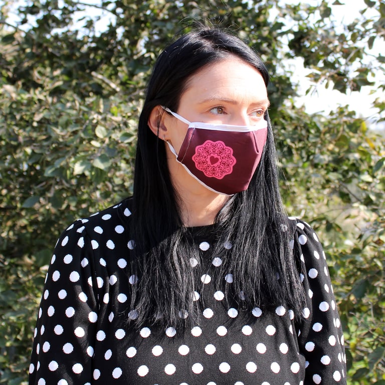 Reusable Fashion Face Covering - Red Mandala Heart Adult Face Mask with Adjustable Strap and Breathable Material