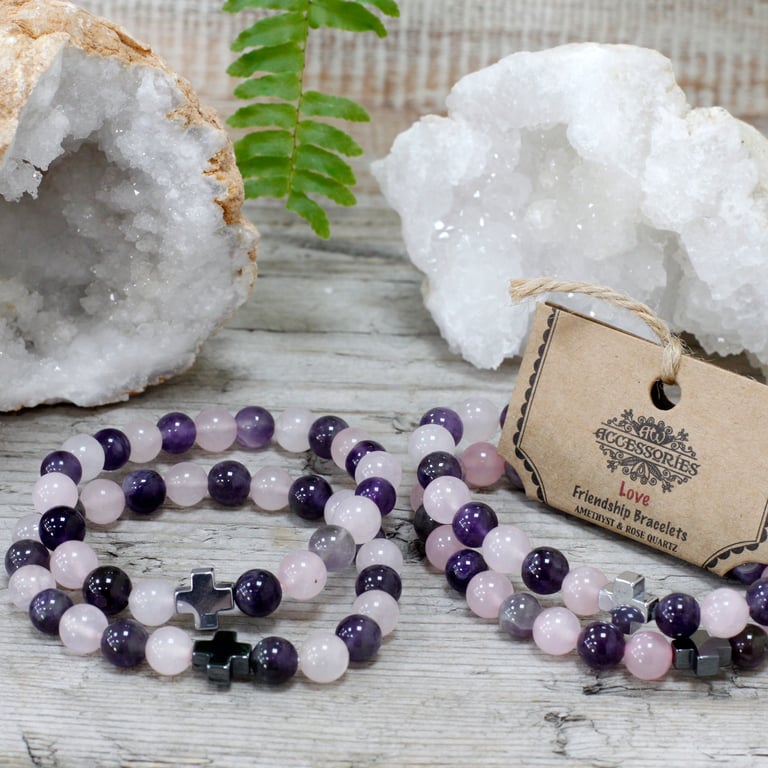 Handmade Amethyst and Rose Quartz Gemstones Friendship Bracelets - Love & Harmony