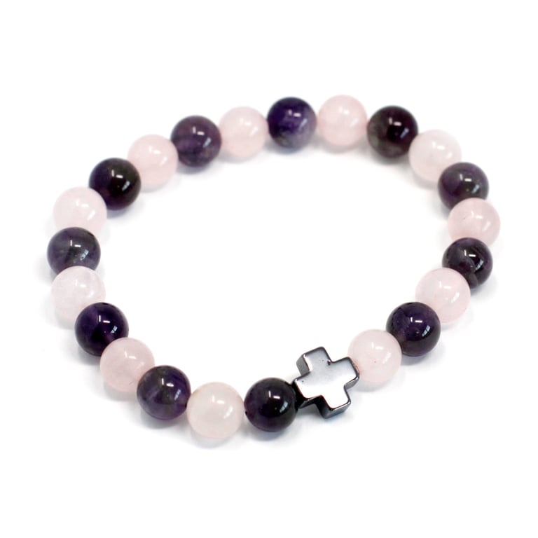 Handmade Amethyst and Rose Quartz Gemstones Friendship Bracelets - Love & Harmony