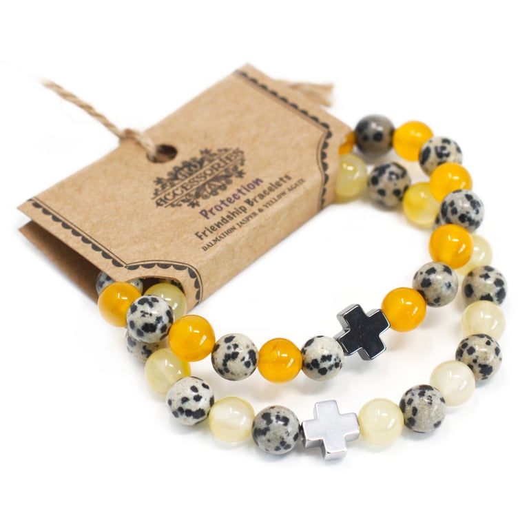 Dalmatian Jasper & Yellow Agate Gemstone Friendship Bracelets - Protection and Positive Energy