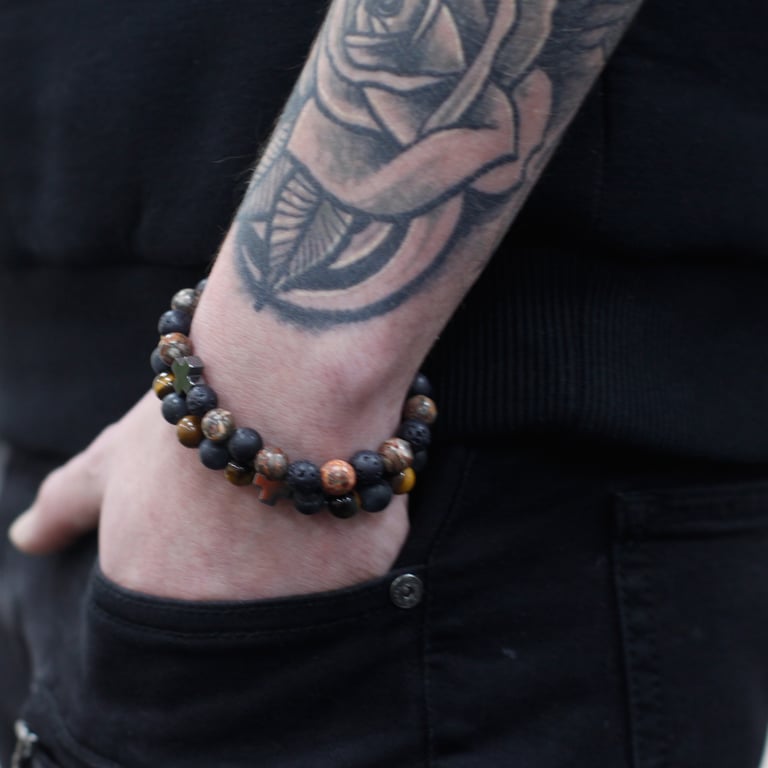 Eternity Friendship Bracelets - Leopard Skin Jasper & Lava Stone Gemstone Jewelry Set