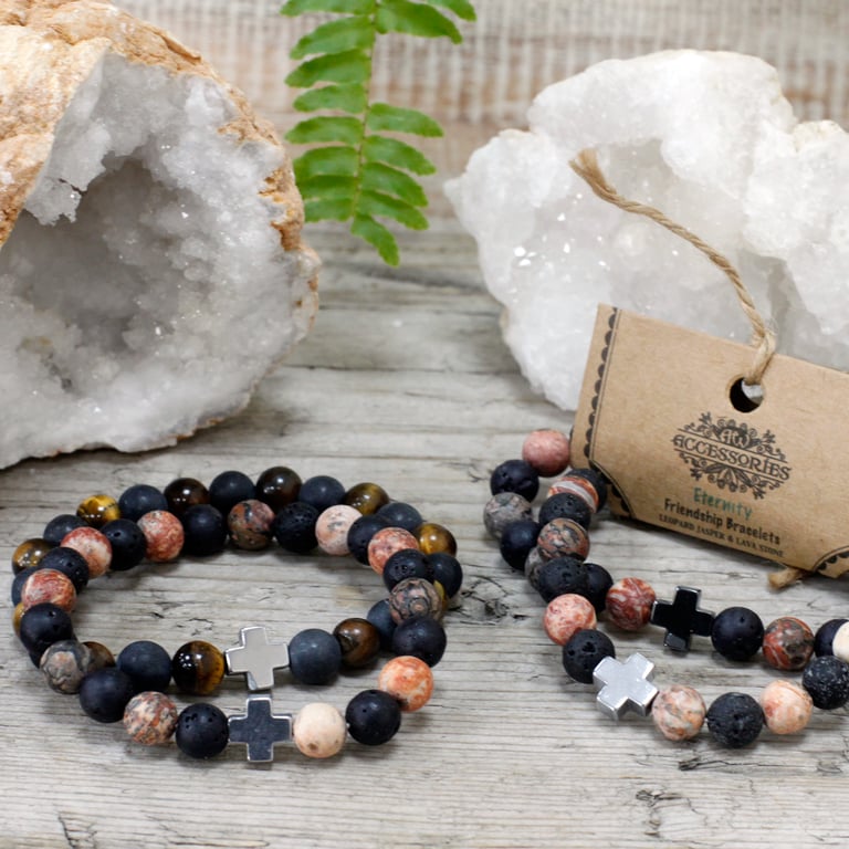 Eternity Friendship Bracelets - Leopard Skin Jasper & Lava Stone Gemstone Jewelry Set