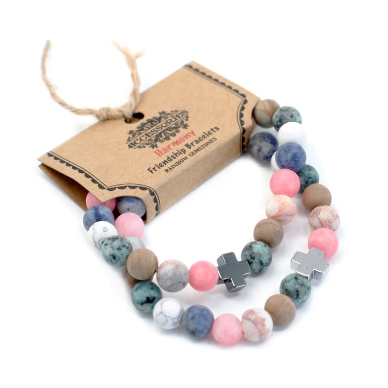Rainbow Gemstones Harmony Friendship Bracelet Set - 2 Piece Adjustable Jewelry