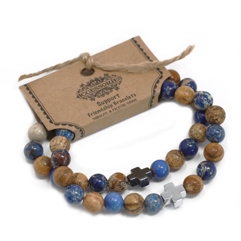 Set of 2 Gemstones Friendship Bracelets - Sodalite & Picture Stone Pendants