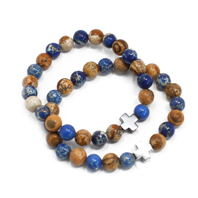 Set of 2 Gemstones Friendship Bracelets - Sodalite & Picture Stone Pendants