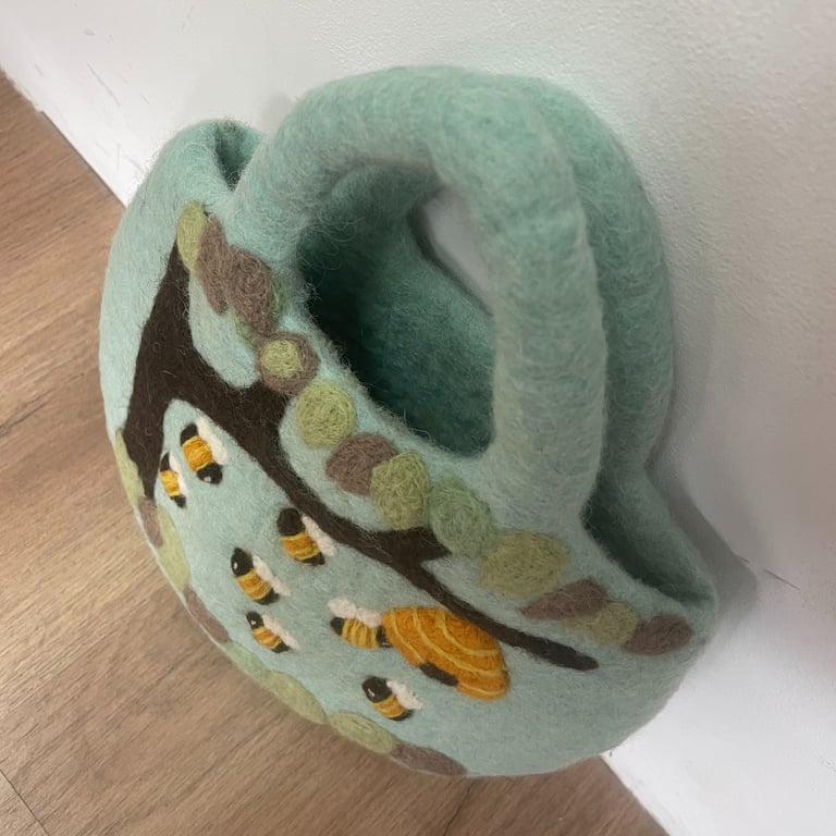Felted Bag with Tree & Beehive Design - Eco-Friendly Carryall