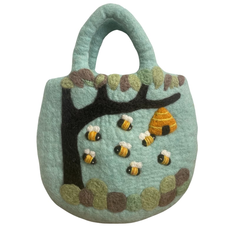 Felted Bag with Tree & Beehive Design - Eco-Friendly Carryall