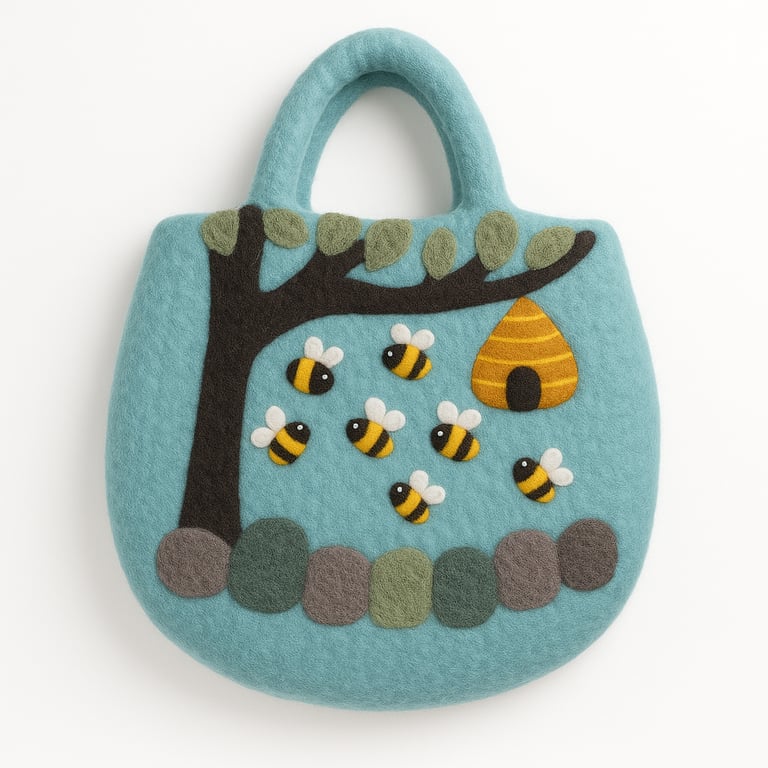 Felted Bag with Tree & Beehive Design - Eco-Friendly Carryall