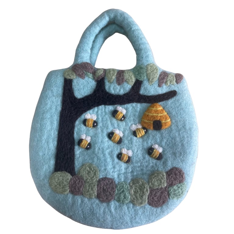 Felted Bag with Tree & Beehive Design - Eco-Friendly Carryall