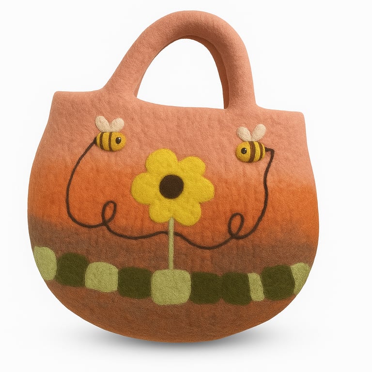 Felted Tote Bag - Sun Flower & Bees Design - Brand Name