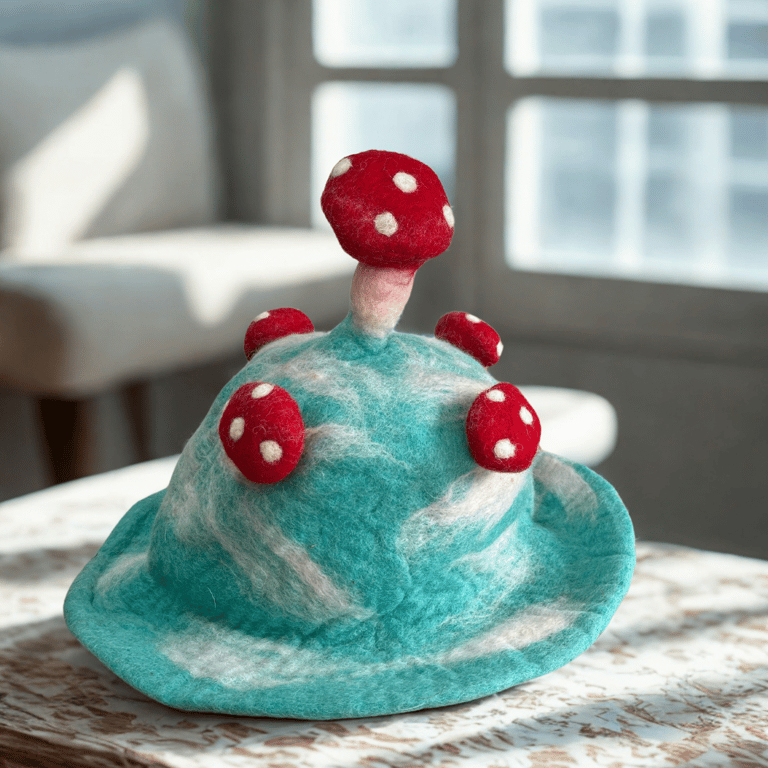 Sky Blue Felted Mushroom Hat - Handcrafted by Brand Name