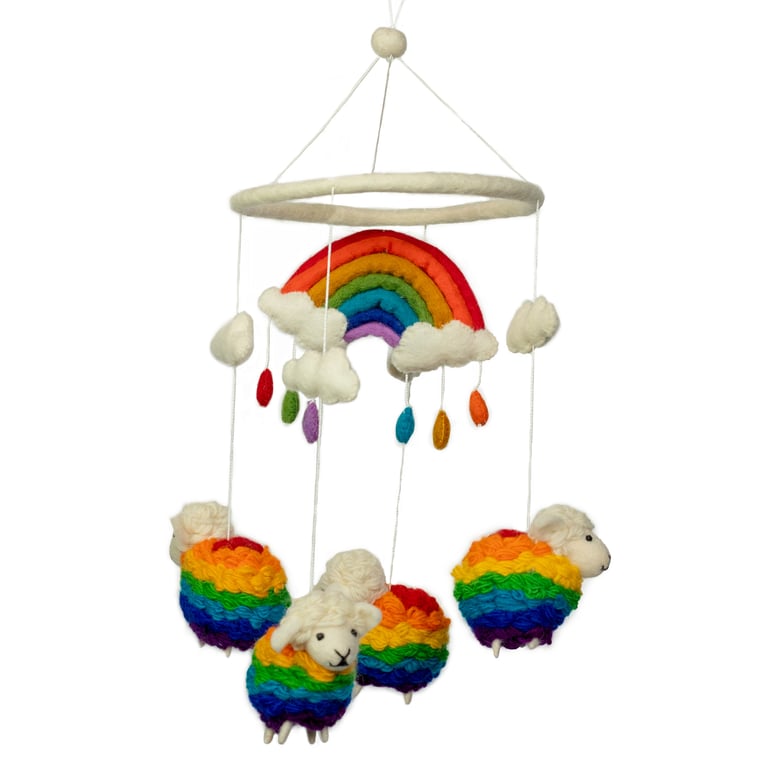Handmade Felt Rainbow Sheep Mobile - Decorative & Whimsical
