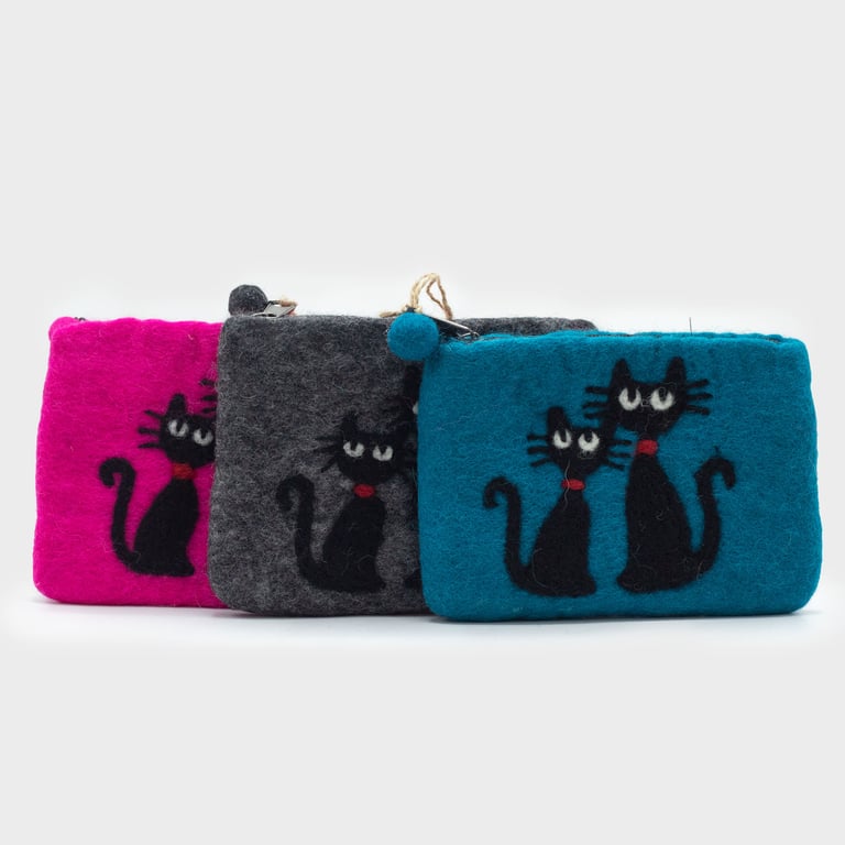Natural Felt Zipper Pouch - Two Cats, Decorative Storage Bag with Fabric Zipper Closure