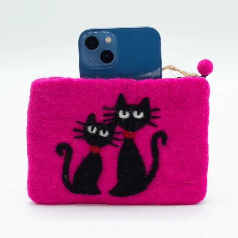 Natural Felt Zipper Pouch - Two Cats, Decorative Storage Bag with Fabric Zipper Closure