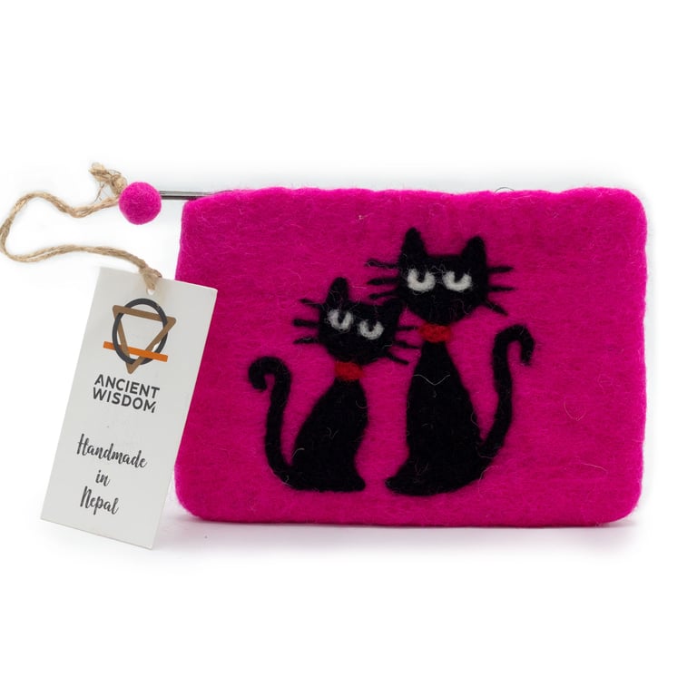 Natural Felt Zipper Pouch - Two Cats, Decorative Storage Bag with Fabric Zipper Closure