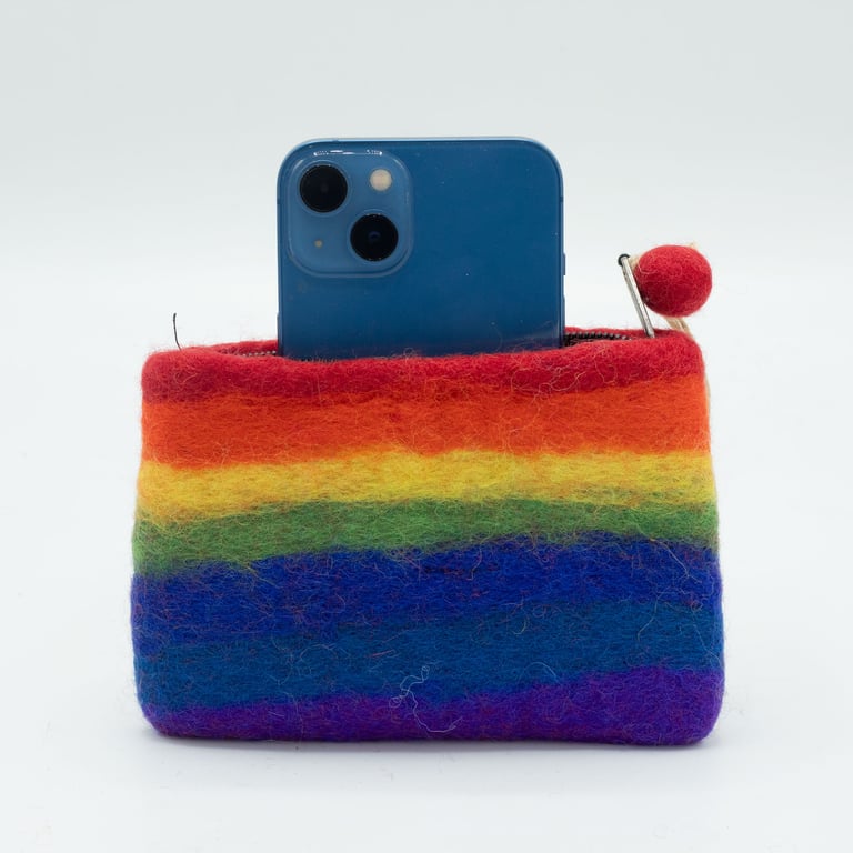 Handmade Natural Felt Zipper Pouch - Rainbow Colored Organizer