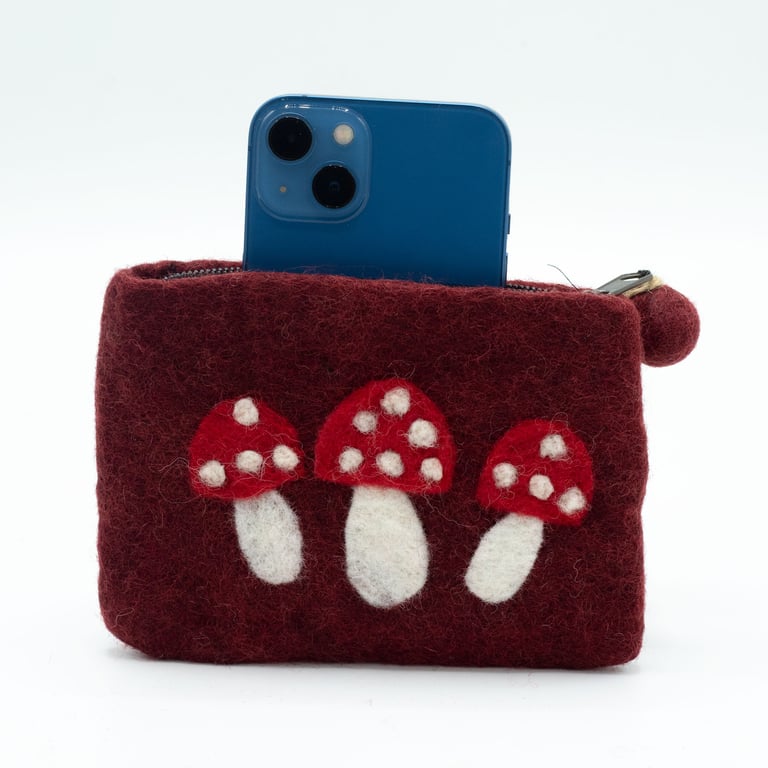 Natural Felt Zipper Pouch - Handmade with Eco-Friendly Wool Blend and Wild Mushroom Pattern