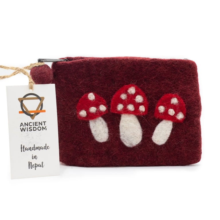 Natural Felt Zipper Pouch - Handmade with Eco-Friendly Wool Blend and Wild Mushroom Pattern