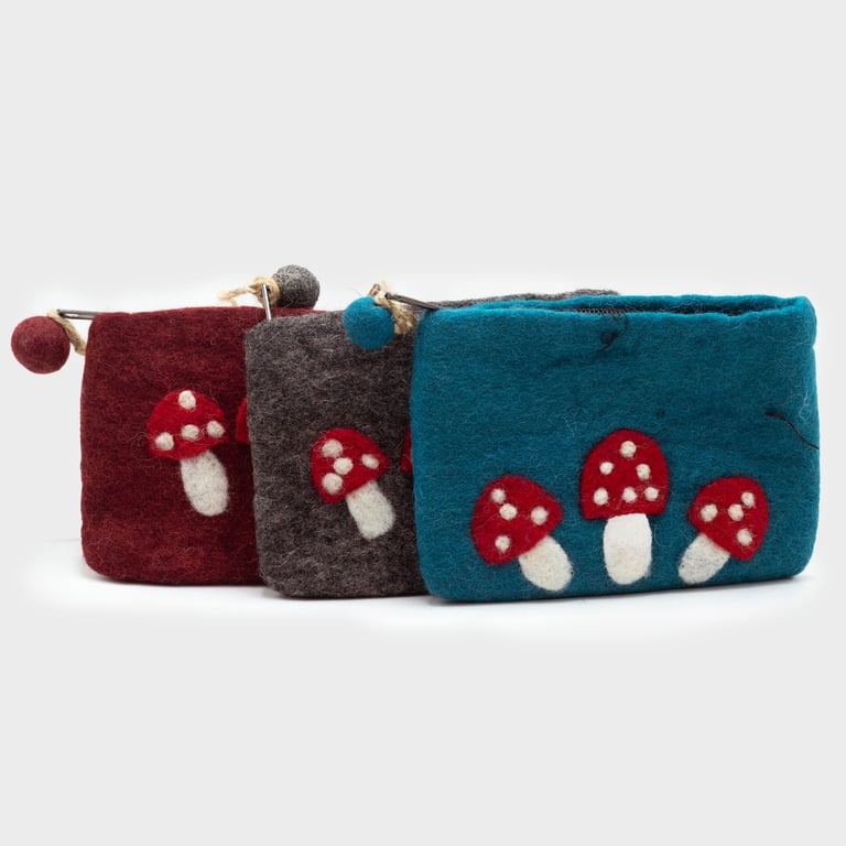 Natural Felt Zipper Pouch - Handmade with Eco-Friendly Wool Blend and Wild Mushroom Pattern