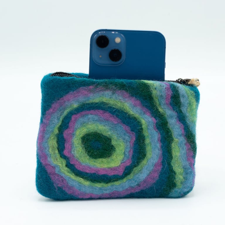Handmade Natural Felt Zipper Pouch - Psychedelic Artisanal Accessory