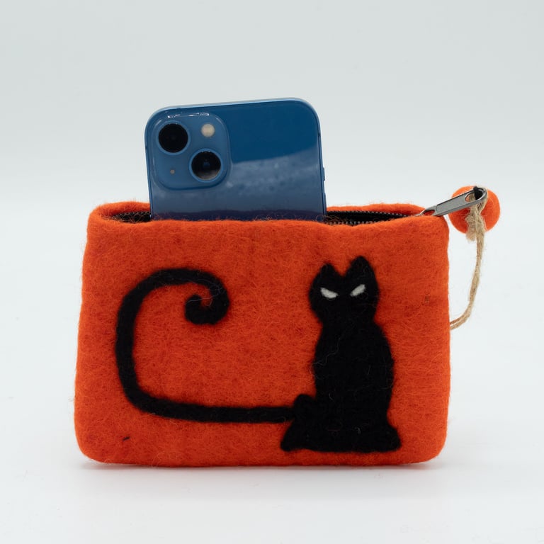 Handmade Natural Felt Cat Face Zipper Pouch with Storage and Style