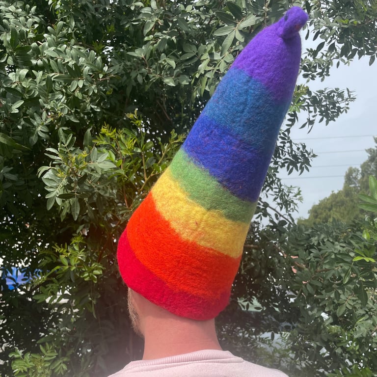 Felted Rainbow Sauna Hat - Handmade Insulating Wizard Cap