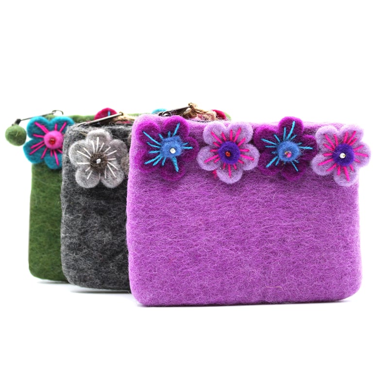 Natural Felt Zipper Pouch - Four Flowers Home Decor Organizer Craft Supply Case